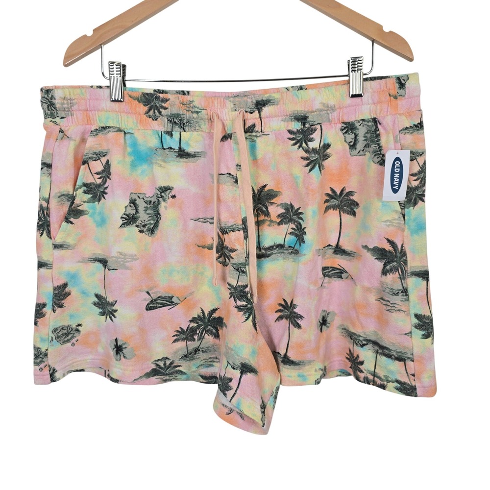 Old Navy Womens XL Tropical Palm Tree Sweat Shorts Pink Orange Blue NWT